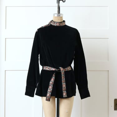 vintage 1960s black velveteen tunic • belted boho hippie poets blouse with brocade trim 