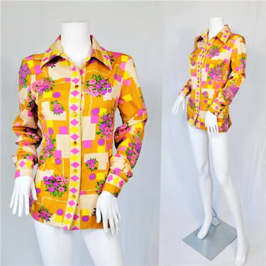 1970's Yellow Pink Floral Polka Dot Graphic Print Poly Blouse I Shirt I Top I Sz Med I Alex Coleman 