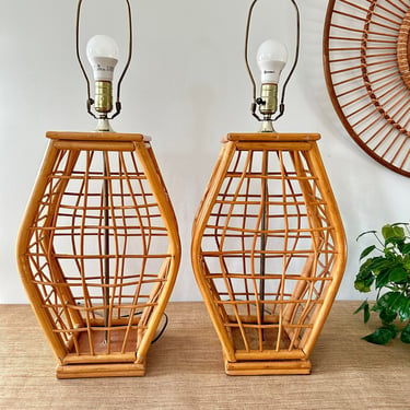 Vintage Pair of Tall Bent Rattan Table Lamps 
