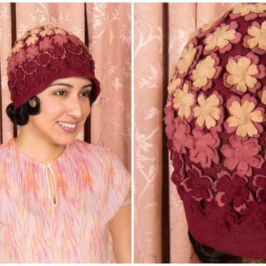 1920s Hat - Dramatic and Unique Close Fitting Wool 20s Cloche Layered in Rows of Felt Flowers 