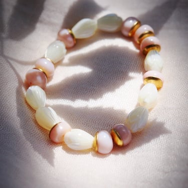 Stretchy Pink Opal and Pikake Bracelet - Aonani 