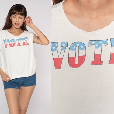 80s VOTE Shirt Distressed T Shirt Graphic Tee Shirt Political Election Shirt Vintage Retro T Shirt Slouchy Cutoff 1990s White Large l 