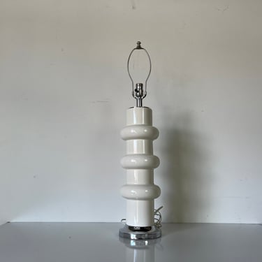 70's Vintage White Cylindrical Ceramic Table Lamp on Chrome Base 