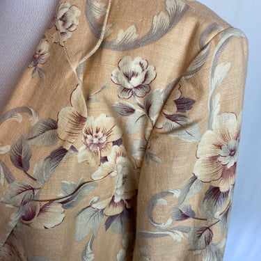 90’s women’s blazer peach color floral print crisp linen & cotton oversized long boxy rolled collar feminine power suit tailored size Medium 