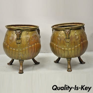 Antique French Regency Neoclassical Rams Head Copper Planter Pot - a Pair