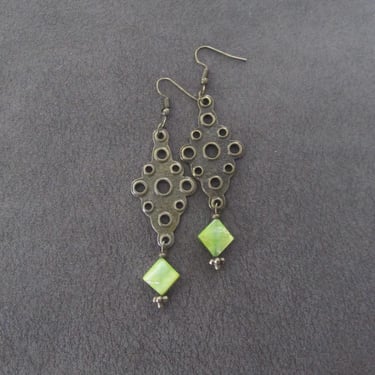 Brutalist bronze and green mother of pearl shell earrings 