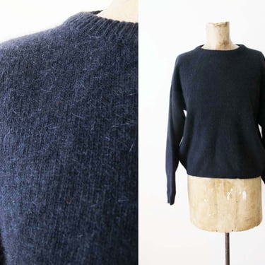 Vintage 90s Fuzzy Black Angora Sweater S M  - 1990s Solid Color Knit Crewneck Pullover Jumper - Minimalist Style 