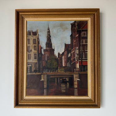 1960's Vintage Amsterdam Cityscape  Oil Painting, Signed 