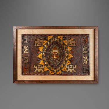 Mid-Century Modern Framed Embossed Leather Pre-Columbian Folk Art by Angel Pazmino, Equador, c. 1960's 