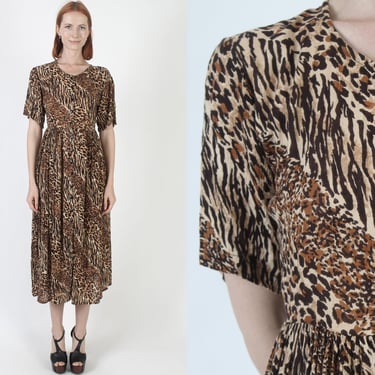 Animal Print Gauze Maxi Dress / 90s Thin Spotted Leopard Print / Vintage Gypsy Grunge Festival Outfit 