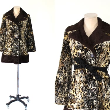 1960s Leopard Print Faux Fur Coat - 60s Vintage Double Breasted Princess Coat Trimmed in Shearling 