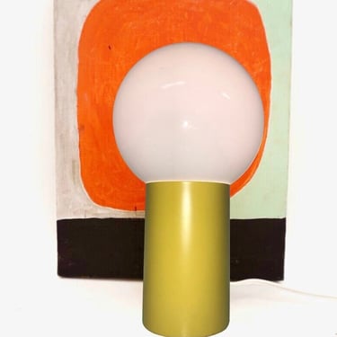 Large Bauhaus Yellow Base Globe Table Lamp Mid-Century Modernist Uplight | Space Age Color Pop/ Eames Era Can Lamp Glass Globe 