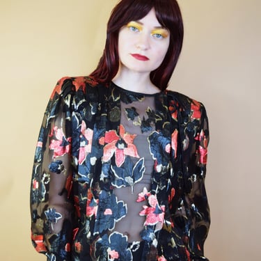 UNGARO Silk Floral Semi Sheer Blouse Top Print Black Pink SZ Medium 