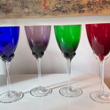 Vintage Blown Art Glass Water Wine Goblet Glasses Clear Petal Stem Set of 4 | 4 Colorful Wine Glasses | 4 Red Blue Green Purple Wine Goblet 
