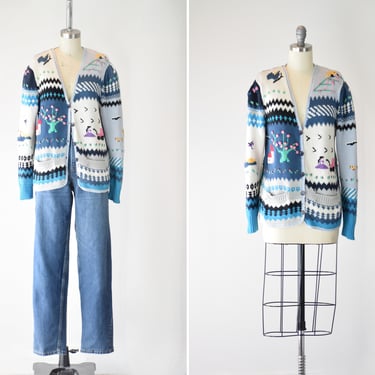 Handknit Spring Sweater Med / Novely Sweater Cardigan / Button Up Spring Sweater / Spring Motif Cardi / Knit Granny Cardigan Sweater Medium 