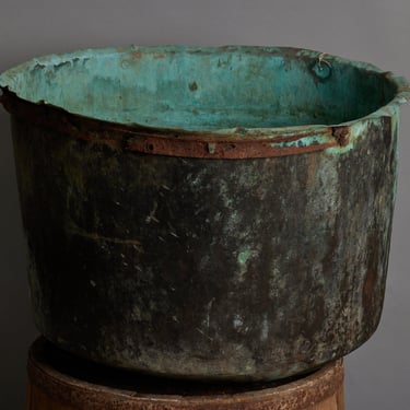 Large French Copper Basin with Rusticated Iron Band and a Beautiful Patina
