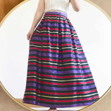 vintage skirt striped skirt rainbow skirt satin metallic maxi skirt midi skirt statement skirt Made in USA size M 