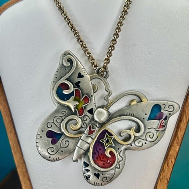 Pewter Butterfly Pendant Necklace Coloful Hand painted Enamel Hippie Boho Retro 