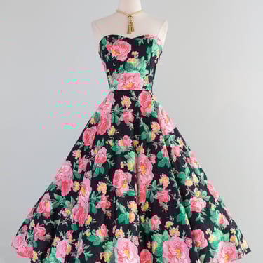 Romantic 1980's Bucolic Rose Print Cotton Dress With Full Circle Skirt & Jacket /