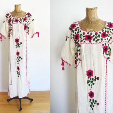 70s Embroidered Mexican Maxi Dress Small - Vintage 1970s White Pink Floral Bohemian Sundress - Gauze Cotton Dress 