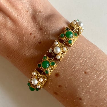 60s Designer Art Green Glass &amp; Faux Pearl Gold Bracelet