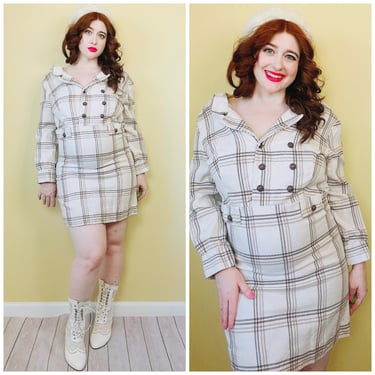 1960s Vintage Cream Plaid Double Breasted Dress / 60s / Sixties Acrylic Woven Mini Mod Dress / Size Large 