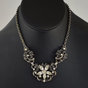 40's Coro antique silver metal clear rhinestone floral hinged bib, ornate hard to find bling flowers & leaves statement necklace 