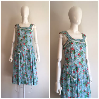 Vintage 1940s Rose Print Cotton Seer Sucker Pinafore Dress 40s Sundress 