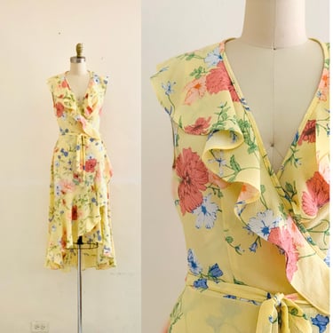 vintage 90's yellow floral print wrap dress 