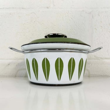 Vintage Cathrineholm Enamel White Green Dutch Oven Saucepan Sauce Pan Norway Catherineholm Norwegian Scandinavian Covered Pot 1960s 1950s 