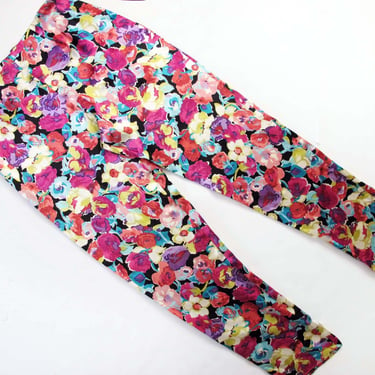 Vintage 90s Floral Betsey Johnson Satin Pants 10 32 Waist - 1990s Multicolor High Waist Cigarette Tapered Trousers - Spring Style 