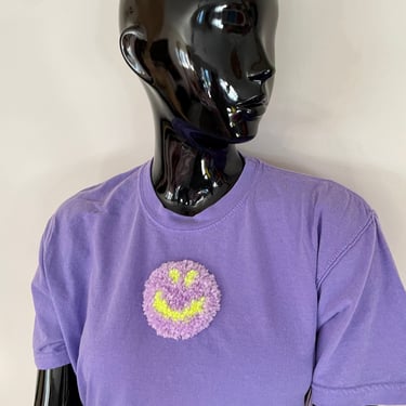 Faded Purple T-Shirt Tufted Purple Happy Face, Birthday Gift, Handmade 