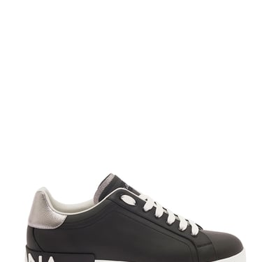 Dolce &amp; Gabbana Men 'Portofino' Black Low Top Sneakers With Metal Heel Tab And Logo Patch In Leather Man