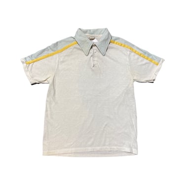 (M) Vintage White &amp; Yellow/Baby Blue JC PENNY Polo Shirt 081622 JF