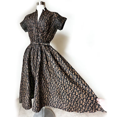 50's Brown Black Print Dress, Fit & Flare, Full Skirt, Rockabilly, Mid Century, 1950's Vintage Party Dress 1940's Silk Petticoat 