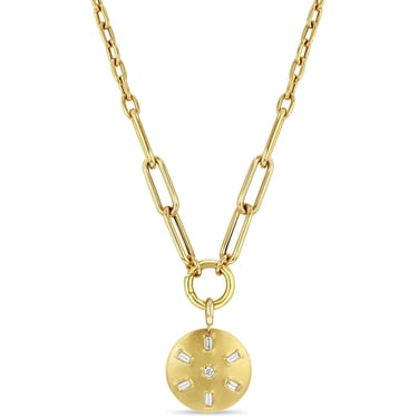 Baguette &amp; Round Diamond Domed Disc Necklace