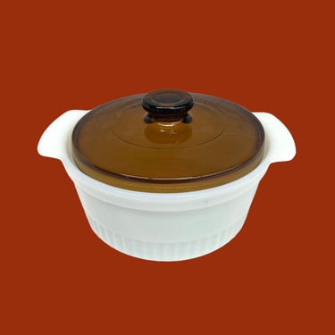 Vintage Casserole Dish Retro 1970s Anchor Hocking + Fire King + 1436 + 1 Quart + Oven Proof + Milk Glass + Amber Lid + Cookware + MCM 