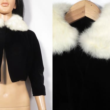 Vintage 50s Velvet Dolman Sleeve Bolero Jacket With Rabbit Fur Collar Union Label Size S 