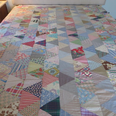 Vintage Scrap Quilt Top - Vintage Machine Quilted Triangle Scrap Quilt Top 