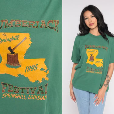 Lumberjack Festival Shirt 1995 Spring Hill Louisiana T-Shirt Retro 90s Graphic Tee Tourist Top Green Single Stitch Vintage 1990s Mens Large 