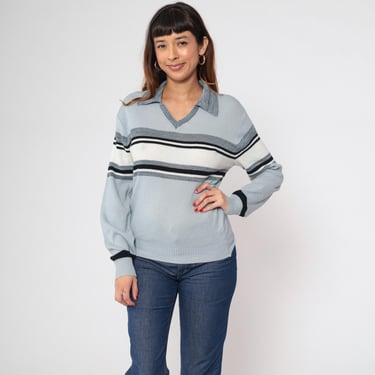 Vintage Blue Striped Sweater Top 70s Grey Knit Shirt Collared V Neck Retro V-Neck Buttonless Polo Acrylic Grey White 1970s Small S 