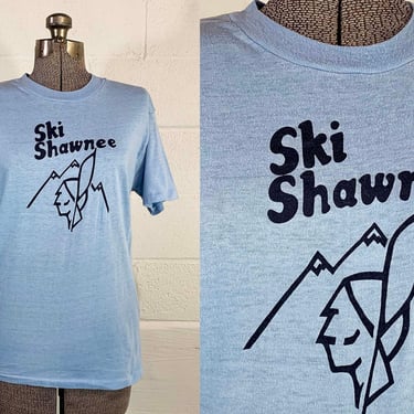 Vintage Ski Shawnee Souvenir T-Shirt 70s 1970s Poconos PA Single Stitch Short Sleeve Blue Tee Hipster Sneakers Shirt Unisex XS Small 