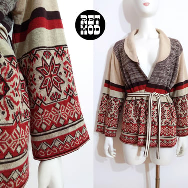 Soft Vintage 70s Brown Beige & Brick Colored Nordic Patterned Boho Cardigan Sweater 