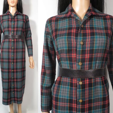 Vintage Tartan Plaid Wool Button Front Dress Size L 