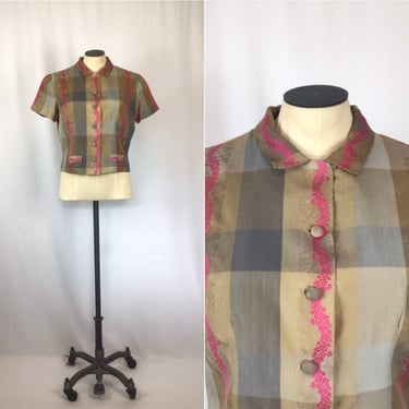 Vintage 60s blouse | Vintage madras plaid silk camp shirt | 1960s pink floral shirt sleeve top 