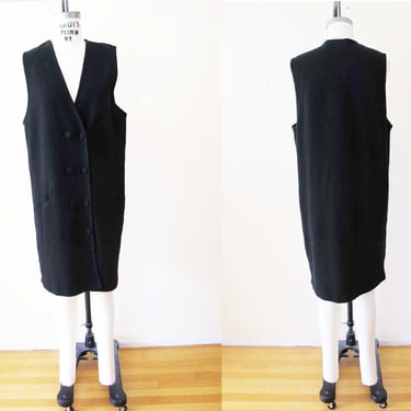 Vintage 90s Black Merino Wool Pinafore Dress M L - 1990s Minimalist Button Down V Neck Sack Shift Dress - Layering Dress 