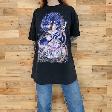 90's Vintage Magical Native American Woman and Wolf Tee Shirt T-Shirt 