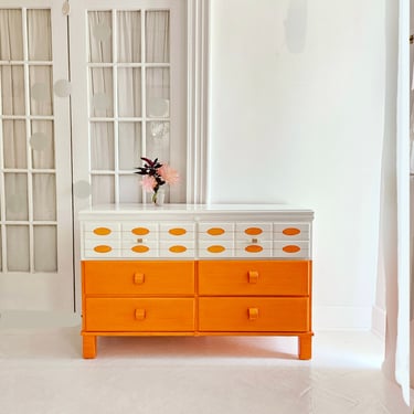 happiness, orange dresser,   citrus crush, orange dreams, 1960s, mod, preppy furniture,  1970s, boho, vintage vibes, love, dresser, nj nyc 