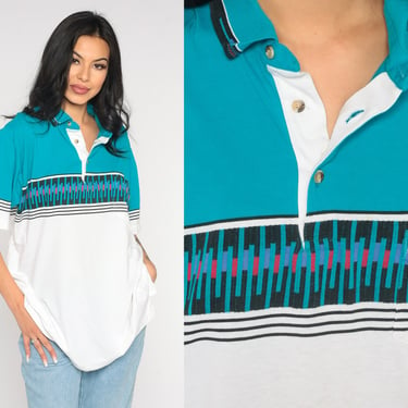 Striped Polo Shirt 90s Turquoise Blue Red Color Block Collared Shirt Short Sleeve Retro Preppy Streetwear White Vintage 1990s Extra Large xl 