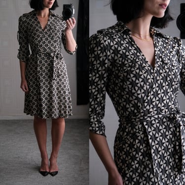 Vintage Diane Von Furstenburg Black & Cream Geometric Windmill Star Print Wrap Dress | 100% Silk | Y2K 2000s DVF Designer Wrap Mini Dress 